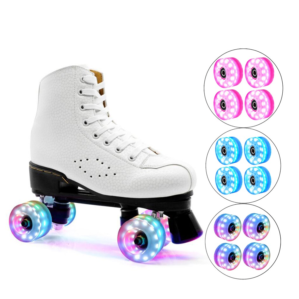 ภาพหน้าปกสินค้า4PCS Light Up Quad Roller Skate Wheels 58mm x 32mm, Luminous Light Up Quad Roller Skateboard Wheels with Bearings Installed