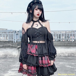 มีสินค้า🍑💜Dark punk punk Harajuku red grid stitching high waist A-line skirt rock hot girl skirt