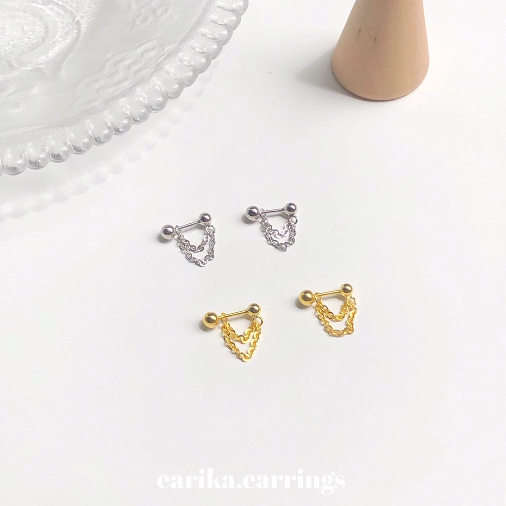ภาพหน้าปกสินค้าearika.earrings - double chain piercing จิวหูโซ่ห้อยเงินแท้ (มีให้เลือกสองสี) (ราคาต่อชิ้น) เหมาะสำหรับคนแพ้ง่าย