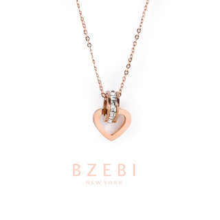 BZEBI สร้อยคอ โซ่เหล็กไทเทเนียม จี้หัวใจ สีโรสโกลด์ พร้อมแหวนเพทาย เครื่องประดับแฟชั่น พร้อมกล่อง 959n