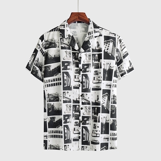 【M-2XL】Mens Short-Sleeved Shirt Cotton Loose Fashion Paper Print Hot Selling  Beach Shirts