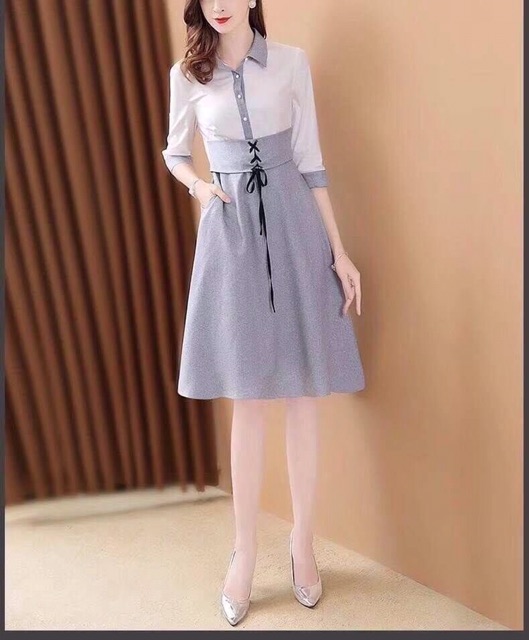 2muay-fashion-เดรสแฟชั่น-เดรสทำงาน-simple-shirt-dress-รุ่นffshirt-สีเทาขาว-size-m