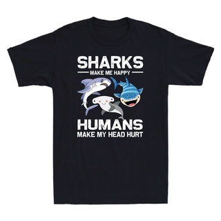 เสื้อยืดสีขาวGILDAN เสื้อยืด พิมพ์ลายฉลาม Sharks Make Me Happy Hu Make My Head Hurt คุณภาพสูง สําหรับคู่รักS-4XL