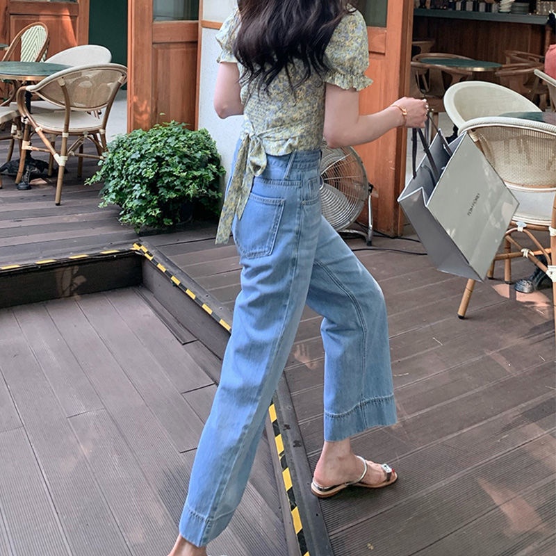 xs-xl-กางเกงยีนส์สีน้ำเงินผู้หญิงขนาดใหญ่หลวมตรงเก้าจุดเอวสูงบางกางเกงขากว้างเกาหลี-ins