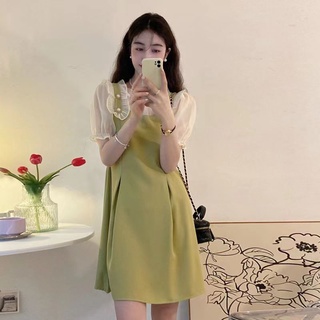 💛 S-2XL ชุดเดรสแขนสั้นสีเขียวเวอร์ชั่นเกาหลีหวานและน่ารักขนาดเล็กสดลำลองเอวเป็นเดรสสีทึบแขนพัฟ A-line