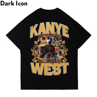 เสื้อคู่วินเทจ - ไอคอนสีเข้ม Kanye West แร็ปเปอร์เสื้อยืดคอโอผู้ชายผู้หญิงฤดูร้อนแขนสั้น Streetwear