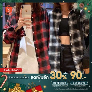 [โค้ด DETDEC30 เหลือ 60.-]เสื้อเชิ้ตลายสก็อต สไตล์เกาหลี สำหรับผู้หญิง แขนยาว ทรงหลวม สีดำ- น้ำเงิน เสื้อแจ็กเก็ต แมทซื