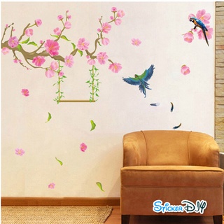Transparent wall sticker สติ๊กเกอร์ติดผนัง กิ่งไม้ดอกพีชฤดูใบไม้ผลิ (กว้าง150cm.xสูง130cm.)