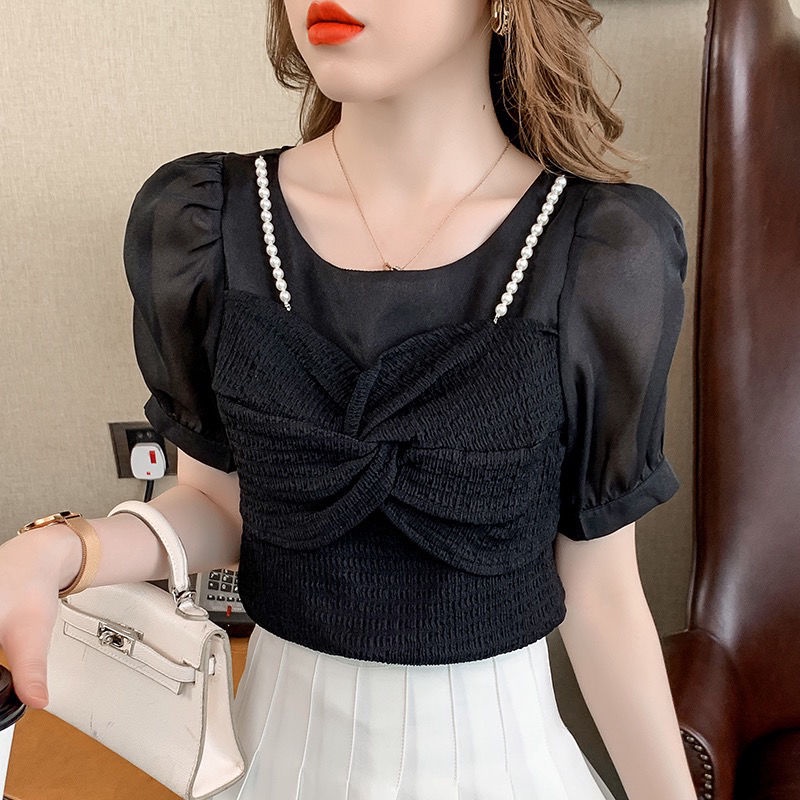 พร้อมส่ง-เวอร์ชั่นเกาหลี-เสื้อเชิ้ตเย็บครีม-แฟชั่นไข่มุก-แขวนเสื้อ-แขนสั้น-ท็อป-2-สี