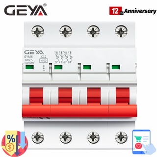 GEYA GYM8 4Pole Din Rail Switch Minature Circuit Breaker 6A-63A Din Rail MCB 400V with ON OFF Indiactor