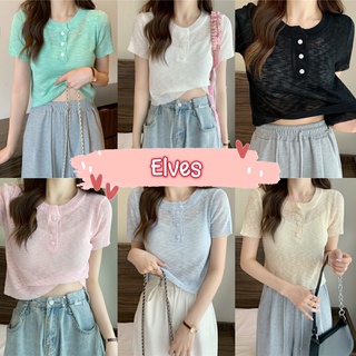 Elves✨พร้อมส่ง✨ เสื้อไหมพรมคอกลม แขนสั้น กระดุมหน้าผ้าบางใส่สบายน่ารัก ~95026~