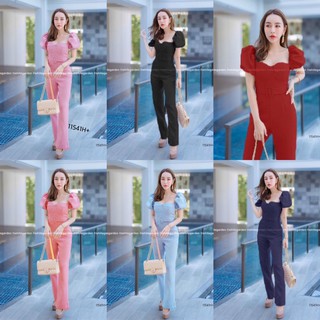 PE11541 Jumpsuit จั้มสูทคอเหลี่ยมแขนตุ๊กตา อกเสริมฟองน้ำ งานผ้าฮานาโกะ มีซิปหลัง เอวมีสายรัดเอว