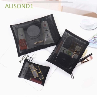 Alisond1 กระเป๋าเครื่องสําอาง ตาข่าย กลางแจ้ง สีดํา กระเป๋าล้าง ใส ซิป กระเป๋า ความจุขนาดใหญ่ ถุงเก็บอุปกรณ์อาบน้ํา