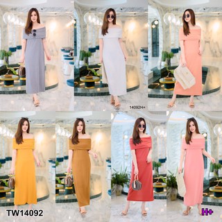 PE14092 Maxi Dress #สาวอวบ เดรสยาว ปาดไหล่ ผ่าหลัง ทรงเอเข้ารูป