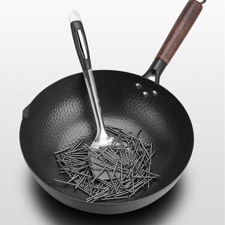 ☂☃▧Kitchen Pan Wooden Handle Frying Traditional Flat Cookware Stove Carbon Steel Pans Non coating Iron Wok Lid Overseas