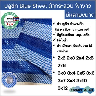 ภาพขนาดย่อสินค้าผ้าฟางริ้ว บลูชีท bluesheet สีฟ้า ขาว มีหลายขนาด 2x2 2x3 2x4 2x5 3x3 3x4 3x5 3x6 3x7 3x8 3x10 3x12 รูตาไก่สี่มุมสี่ตัว