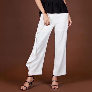 LOFFICIEL กางเกงขาวยาว กาง﻿เ﻿กงผู้หญิง Ruffle Pants กางเกงขายาว ทรงขากระบอกตรง ดีเทลระบายด้านข้าง (FS2KWH)
