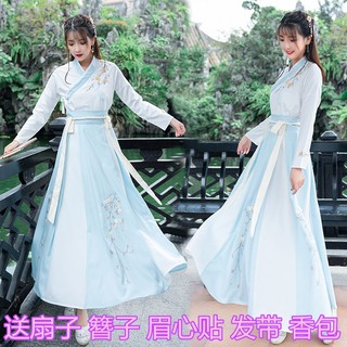 🔥Hot sale~ สไตล์จีนปรับปรุงชุด Hanfu แบบดั้งเดิมทุกวันเครื่องแต่งกายฤดูร้อนหญิงกระโปรงเอวไขว้ปักชุดการแสดงของนักเรียน