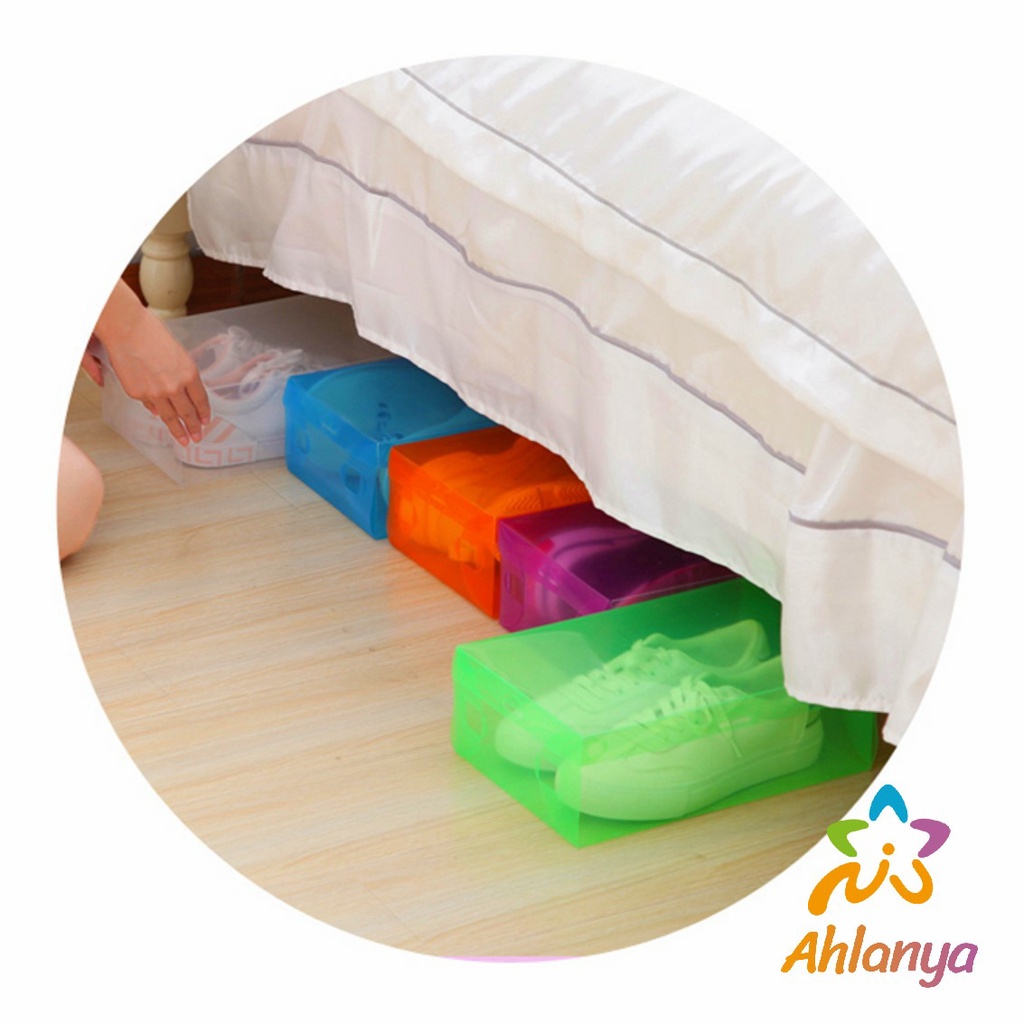 ahlanya-แผ่นกล่องใส่รองเท้าพลาสติกใส-กล่องจัดระเบียบ-กล่องรองเท้าพับได้-กล่องรองเท้า-colour-transparent-shoe-box