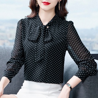 ◆Polka-dot สีดำเสื้อชีฟองผู้หญิงแขนยาว 2021 ฤดูใบไม้ร่วงใหม่อารมณ์อายุ-ลดโบว์เสื้อสไตล์ต่างประเทศ