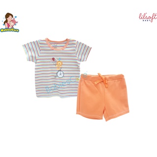 BabiesCare Lilsoft Baby(LI-5706) ชุดเด็กผู้หญิงเสื้อแขนสั้นลายทาง + กางเกงสั้นสีพื้น ผ้าฝ้าย 100 % (คอกระดุมสแน๊บ)