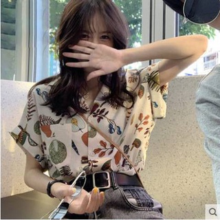 Triple A💕 Women Blouse Short sleeve shirt Retro Picnic print shirt Design sense of loose temperament -038
