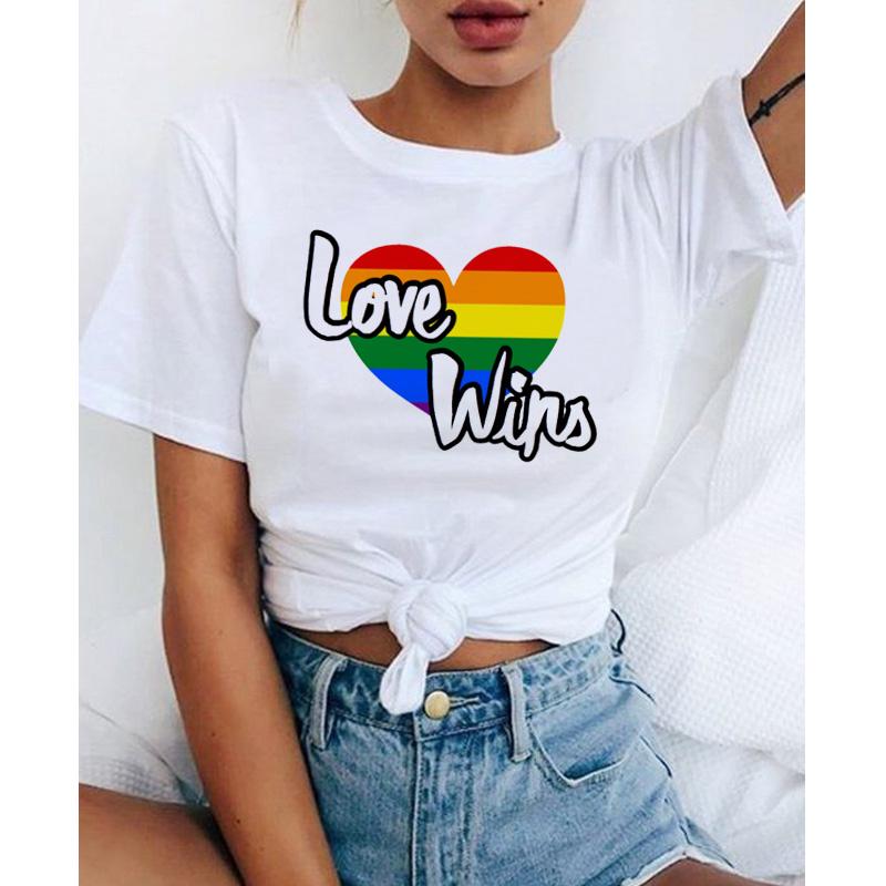 Lgbt เสื้อยืดลําลองสําหรับสตรีแขนสั้นคอกลมพิมพ์ลาย