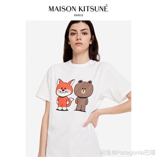 Kitsune X Line เสื้อยืด ผ้าฝ้าย พิมพ์ลายการ์ตูนสุนัขจิ้งจอก และหมีบราวน์