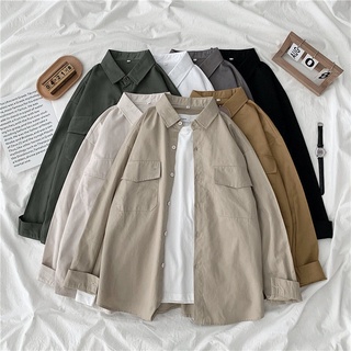 【Blouse Oversized】(7 สี) (50-100 กก.) เสื้อเชิ้ต แขนยาว ผ้าฝ้าย ทรงหลวม สีพื้น สไตล์เกาหลี พลัสไซซ์ สําหรับผู้หญิง