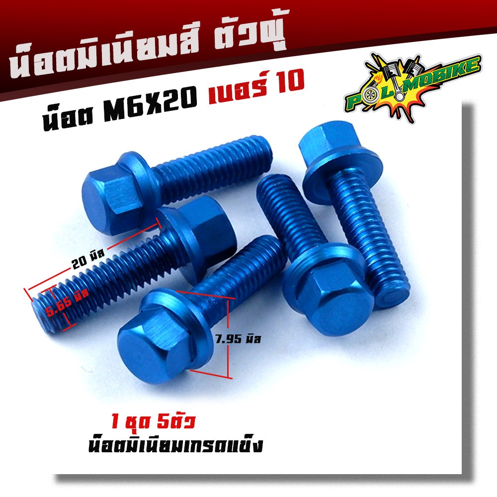 น็อตมิเนียม หัวล้าง น็อตเบอร์10 ยาว20มิล (1ชุด5ตัว) M6*20 งานมิเนียมเกลียวดีหัวไม่ขาด เลือกได้หลายสี