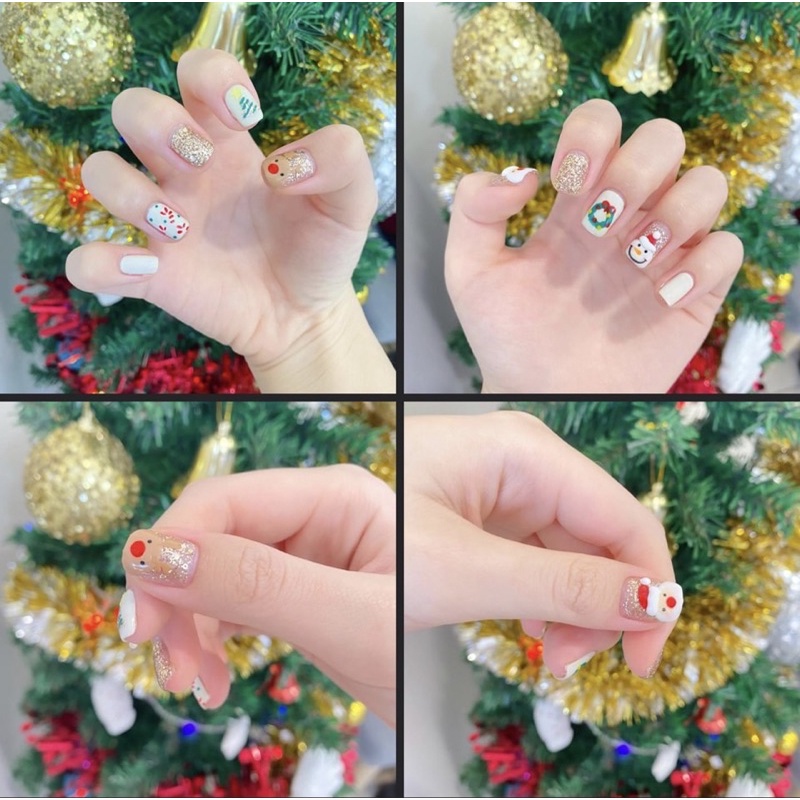 เล็บปลอมสีเจล-ลายคริสมาสโทนขาว-แถวกาว-ตะไบ
