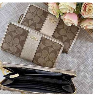 พร้อมส่ง coach  ACCORDION ZIP WALLET IN SIGNATURE COATED CANVAS WITH LEATHER STRIPE