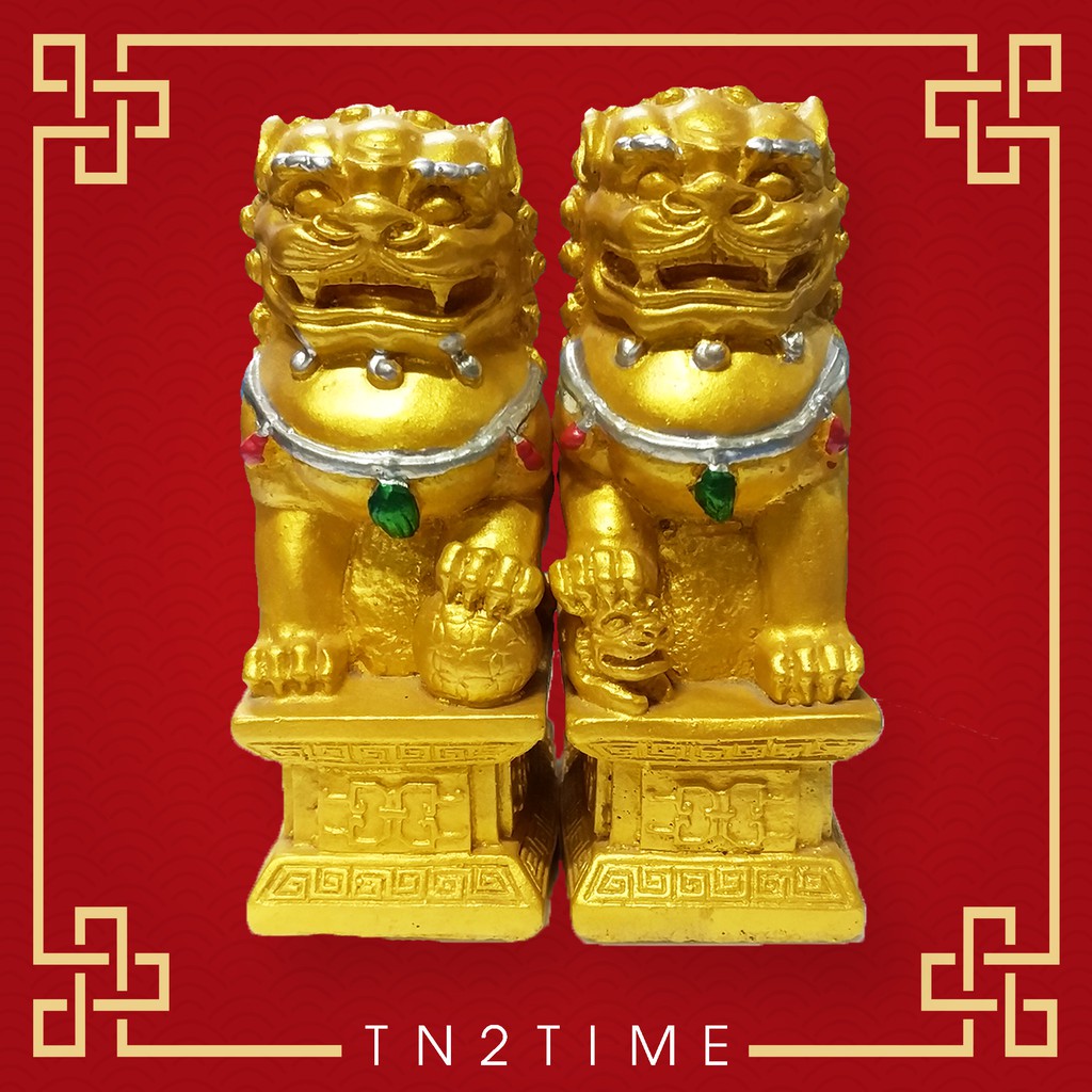 tn2time-สิงห์โตคู่-สีทอง-รูปปั้นหินทราย-สูง-4-5-นิ้ว-ช่วยสลายพลังปราณชี่พิฆาต-และช่วยเรียกโชคลาภ