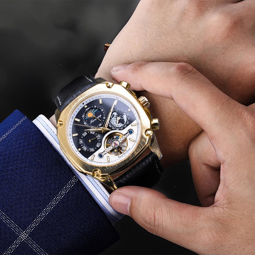 นาฬิกาข้อมือสายหนังสีทองสำหรับผู้ชาย