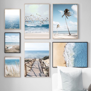 ภาพวาดผ้าใบ รูปเรือชายหาด ทะเลสีฟ้า สไตล์นอร์ดิก สําหรับตกแต่งผนัง ห้องนั่งเล่น ร้านเสริมสวย