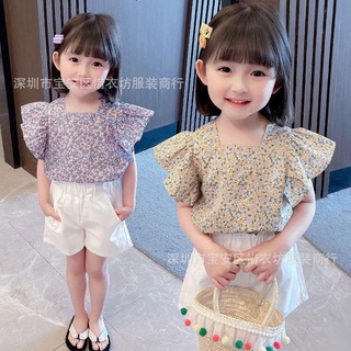 【ชุดเด็กผู้หญิง】ใหม่ ชุดเสื้อสูทแขนบิน ลายดอกไม้ สไตล์เกาหลี แฟชั่นฤดูร้อน สําหรับเด็กผู้หญิง สองชิ้น