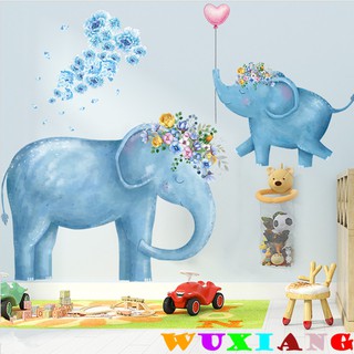 【wuxiang】สติกเกอร์ติดผนัง ลายการ์ตูนช้าง สีฟ้า สําหรับตกแต่งห้องเด็ก