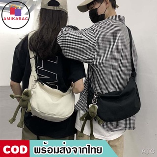 AMIKABAG(MK1746) กระเป๋าผ้าสะพายข้างมีซิปผ้าแคนวาส