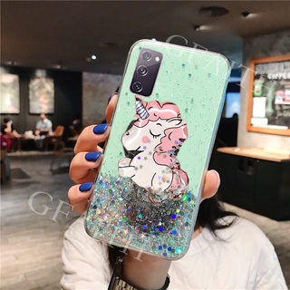 2020 New เคสโทรศัพท์ Samsung Galaxy S20 FE Fan Edition 5G Casing Cute Cartoon Unicorn Glitter Bling Transparent Soft Cover Full Stars With Water Stand Holder Phone Case