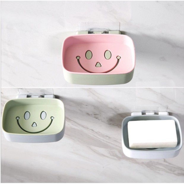 c003-กล่องสบู่-ลายหน้ายิ้ม-ที่วางสบู่-ใส่สบู่แบบก้อน-ติดผนังได้-ไม่ต้องเจาะผนัง