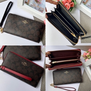 🎀 (สด-ผ่อน) กระเป๋าสตางค์ซิปรอบ มีสายคล้อง น้ำตาลเข้มลายซีแดง coach C4452 Coach C8109 LONG ZIP AROUND WALLET