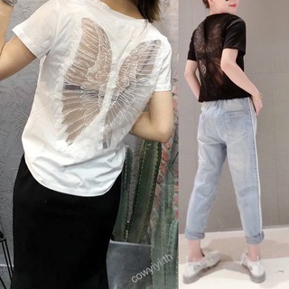 เสื้อยืด S-3XL แฟชั่น ออกแบบ เซ็กซี่ กลวง เสื้อยืดแขนสั้น ปัก เสื้อ t-shirt