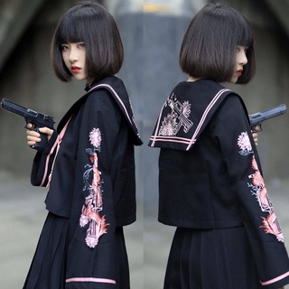 ชุดนักเรียนญี่ปุ่น ✍เดิมเก้าห้ามังกร Bad JK เครื่องแบบกระโปรงเซเลอร์สูทวัยรุ่นชุดดำฤดูใบไม้ร่วง♪