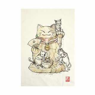 ผ้าแคนวาส พิมพ์ลาย แมวกวัก ไม่มีกรอบ  ขนาด 34.5x48.5 ซม. /  Maneiki Neko Fabric Art  Canvas No frame