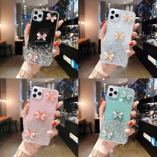 เคส for iPhone 14 13 12 11 Pro MAX XR 8 7 Plus SE 2020 Glitter Crystal Three Butterflies Soft TPU Case