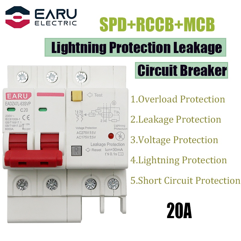 20A 2P SPD Residual Current Circuit Breaker With Overload Overvoltage ...