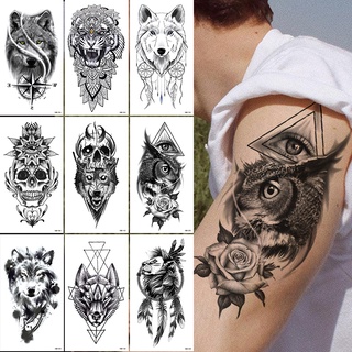【Magic Tattoo】สติกเกอร์รอยสักชั่วคราว ลายสัตว์ สิงโต หัวกะโหลก เสือ หมาป่า สิงโต สีดํา กันน้ํา