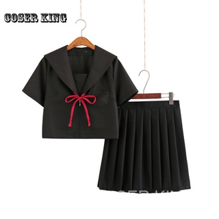 2pcs ชุดนักเรียน ญี่ปุ่น School girl Uniforms Anime Cosplay Black Top + กระโปรงสาวชุดกะลาสี Japanese School Student Unif