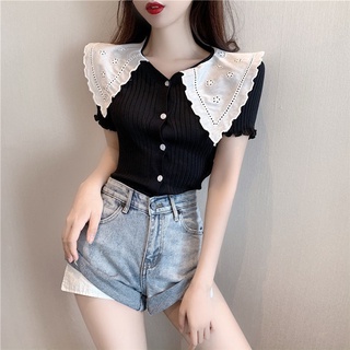 ถักเสื้อยืดแขนสั้นหญิงใหม่อย่างระมัดระวังเครื่องตุ๊กตาปกสาวร้อนปลูกตัวเองเสื้อผ้าด้านบนสั้น ins tide