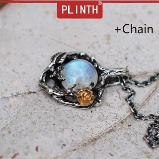 PLINTH สเตอร์ลิงเงินแท้ 925 จี้หินมูนสโตนธรรมชาติสีสันสวยงามกุหลาบต้นไม้ใบสาขาวินเทจ414